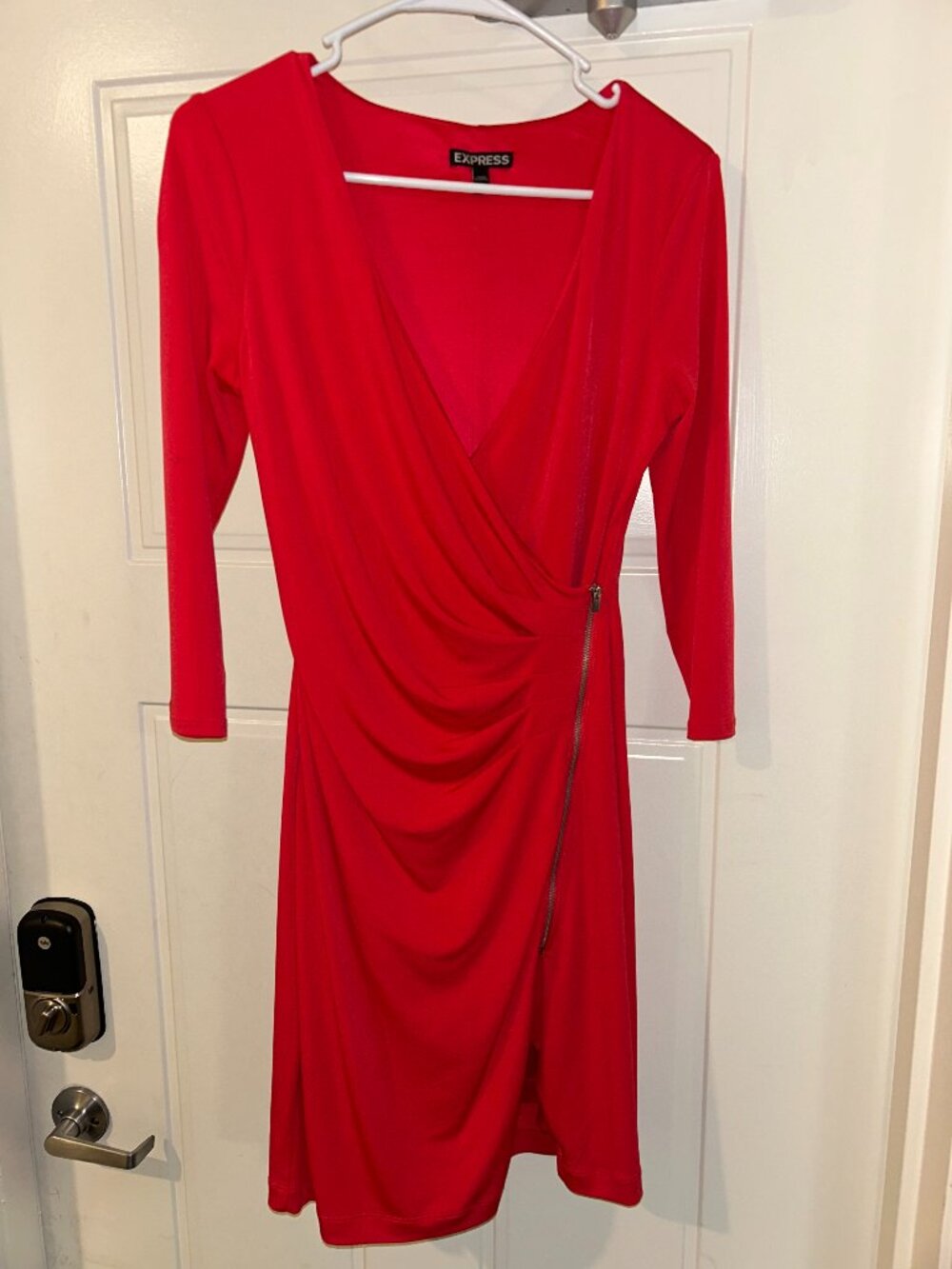 Red Ruched Zipper Long Sleeve Dress
